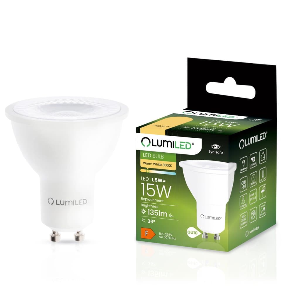 LED žiarovka GU10 reflektor PAR16 1, 5W = 15W 135lm 3000K teplá 36° LUMILED
