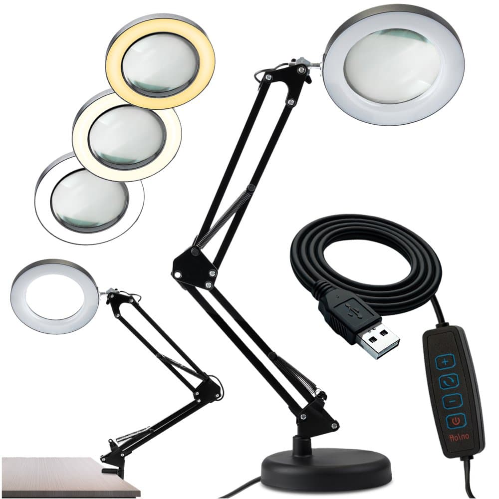 LED stolová lampa 8W CCT kresliarska stolová 3x zväčšovacie sklo lupa LUCA 2 čierna LUMILED