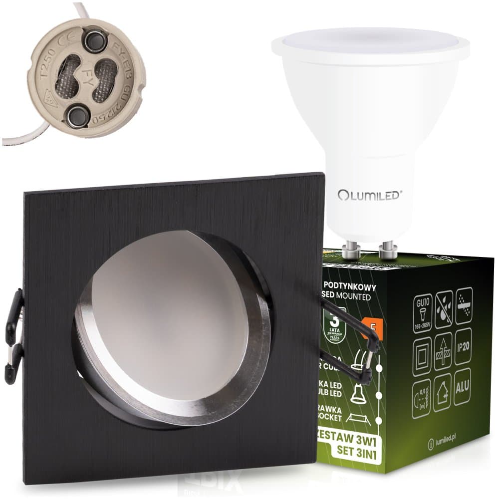 Zapustené svietidlo halogénové štvorcové pohyblivé TRIX 3v1 GU10 6W 3000K čierna LUMILED