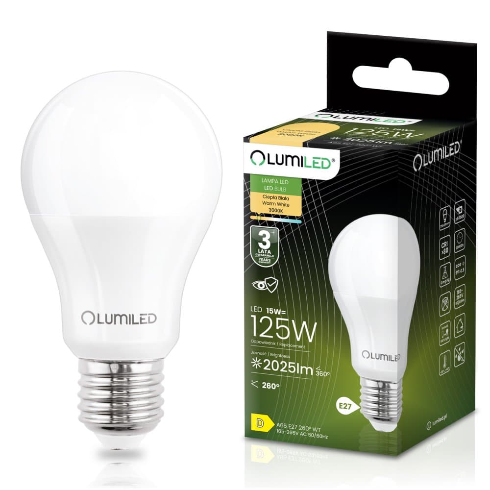 LED žiarovka E27 A65 15W = 125W 2025lm 3000K teplá 260° LUMILED