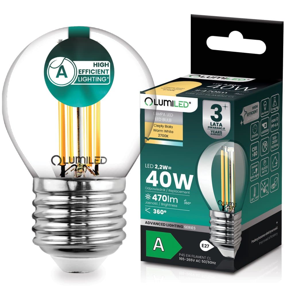 LED žiarovka E27 guľa P45 2, 2W 470lm = 40W 2700K teplá 360° filament KLASA A LUMILED 1