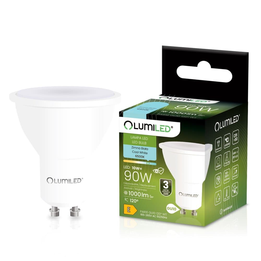 LED žiarovka GU10 reflektor PAR16 10W = 90W 1000lm 6500K studená 120° LUMILED 1