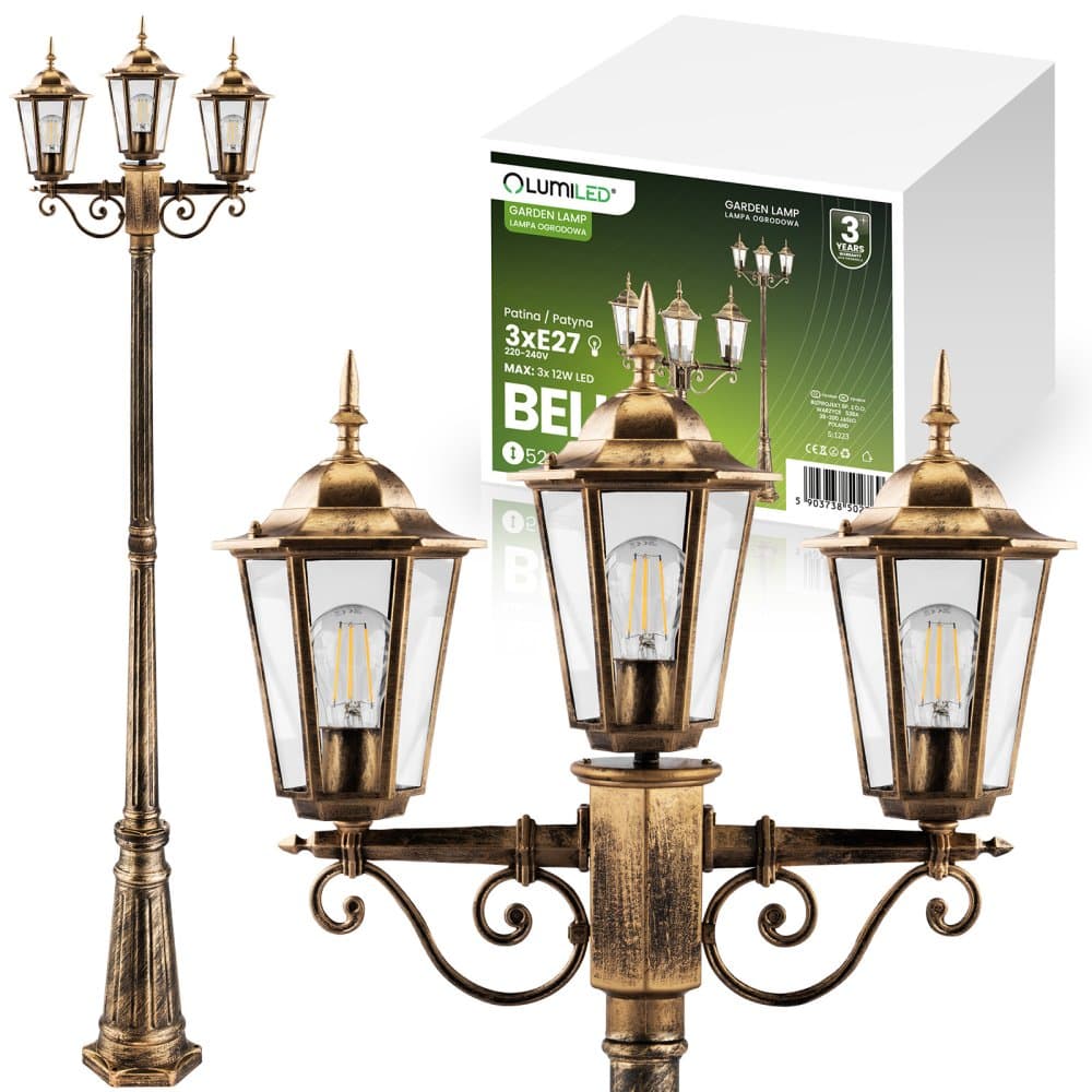 Vonkajšie záhradné svietidlo 3xE27 SQUARE 2m Patina BELLIS LUMILED 1