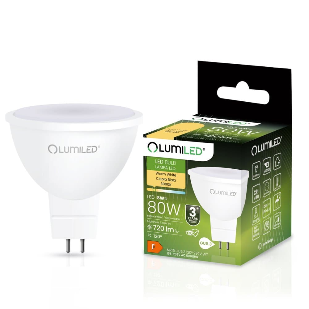 LED žiarovka GU5.3 MR16 8W = 80W 720lm 3000K Warm 120° LUMILED 1