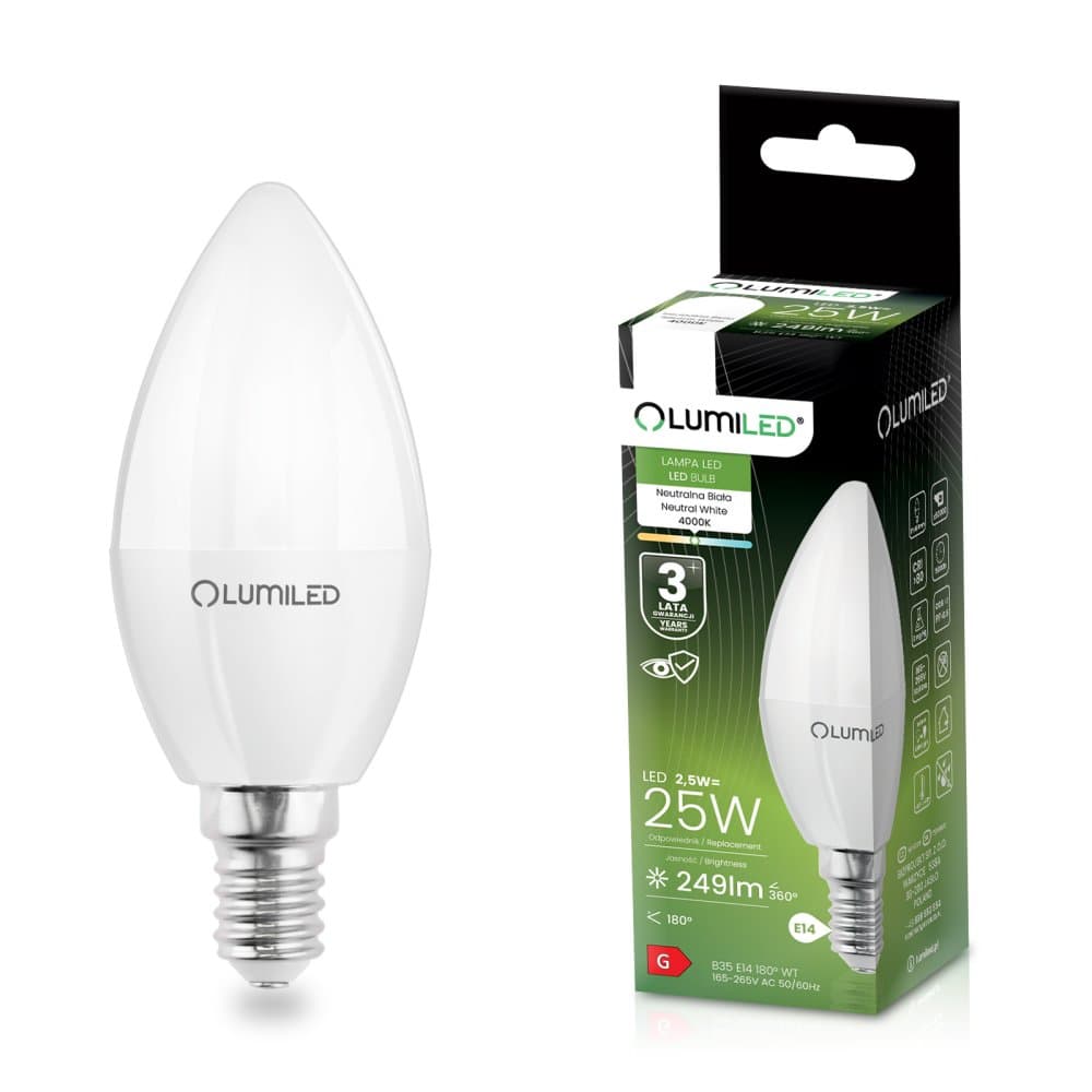 LED žiarovka B35 E14 2,5W = 25W 249lm 4000K Neutrálna 180° LUMILED 1
