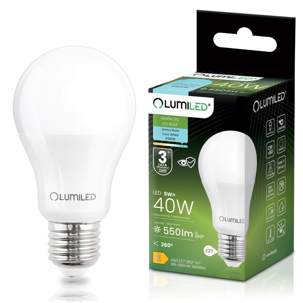 LED žiarovka E27 A60 5W = 40W 550lm 6500K studená 260° LUMILED