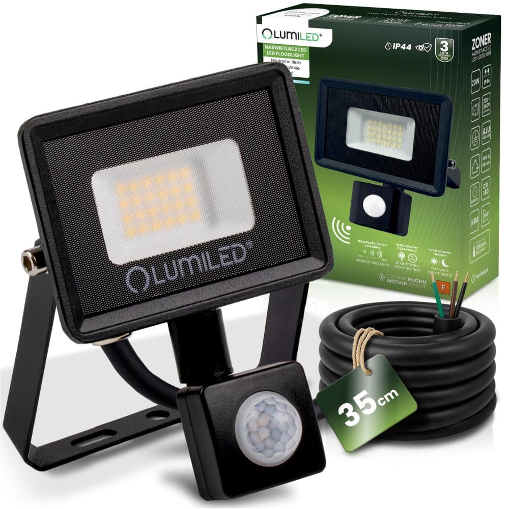 LED reflektor ZONER 20W 1800lm 4000K IP44 čierny so senzorom pohybu LUMILED
