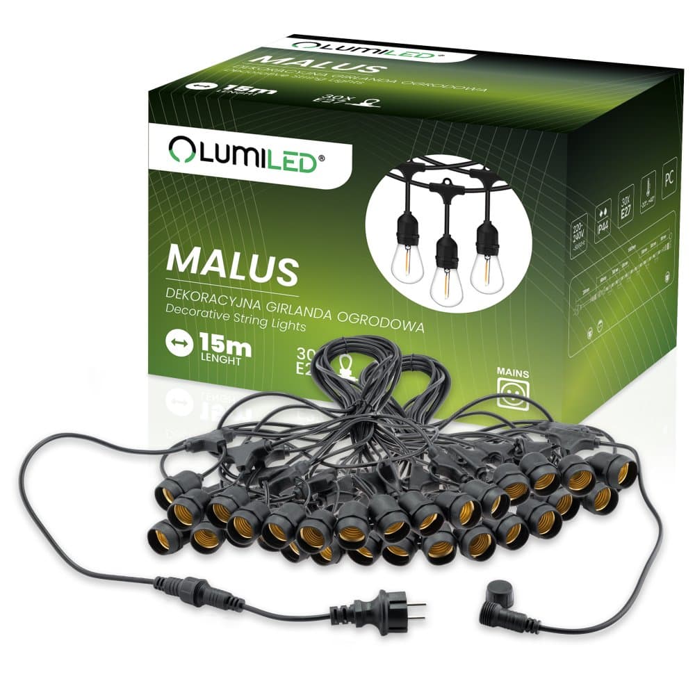 MALUS Vonkajšia záhradná girlanda Svetelná reťaz 15 m 30x E27 Lumiled 1