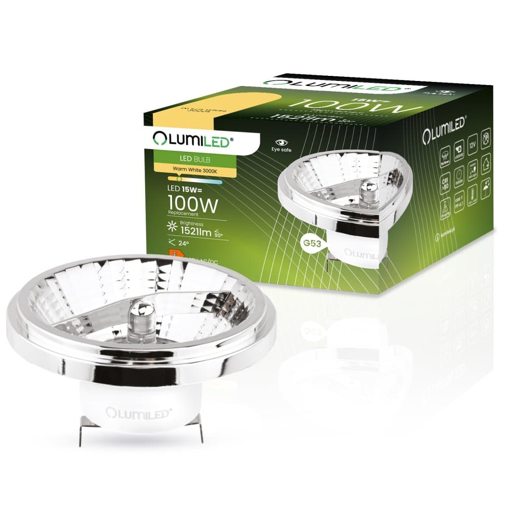 LED žiarovka G53 reflektor AR111 15W = 100W 1521lm 3000K teplá 24° 12V strieborná LUMILED 1