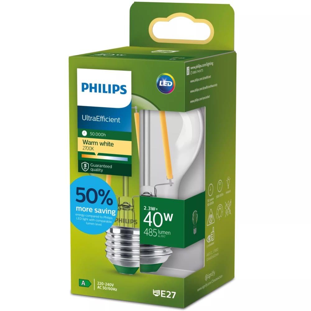 LED žiarovka E27 A60 2,3W = 40W 485lm 2700K teplé vlákno PHILIPS Ultra Efficient 1