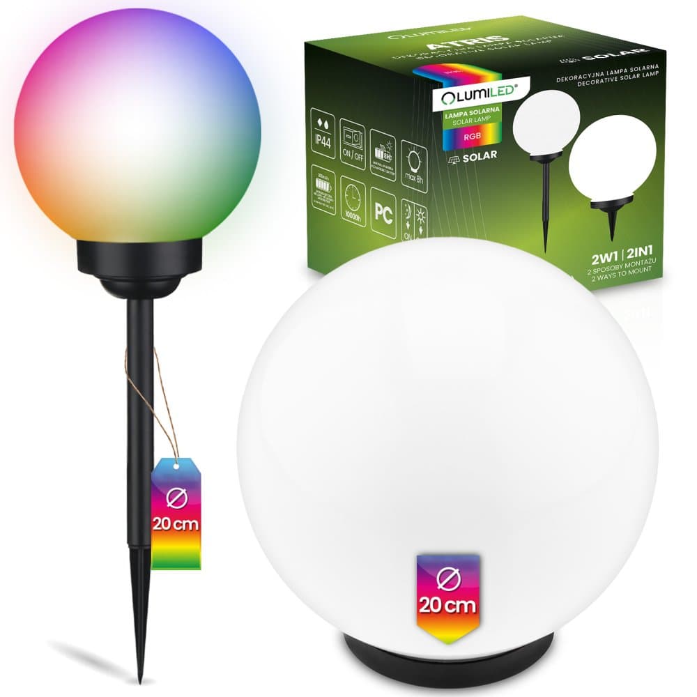 Solárna záhradná lampa LED ATRIS zapichovacia zemná biela guľa 20cm RGB LUMILED