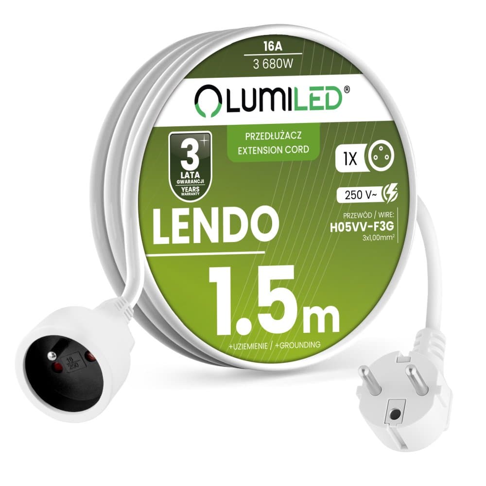 Sieťový predlžovací kábel s uzemnením predlžovacia lišta 1 zásuvka 1.5m biela šnúra Lendo Lumiled