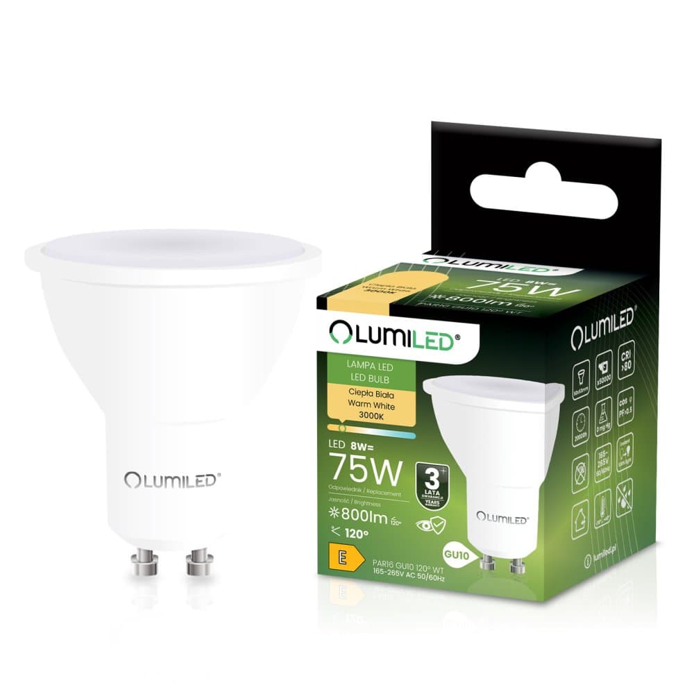 LED žiarovka GU10 reflektor PAR16 8W = 75W 800lm 3000K teplá 120° LUMILED 1