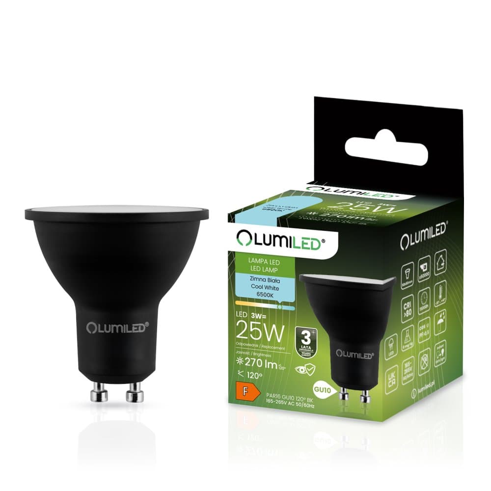 LED žiarovka GU10 3W = 25W 270lm 6500K Cold 120° Black LUMILED 1