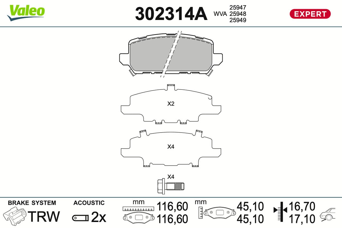 VALEO Sada brzdových platničiek kotúčovej brzdy 302314A 1