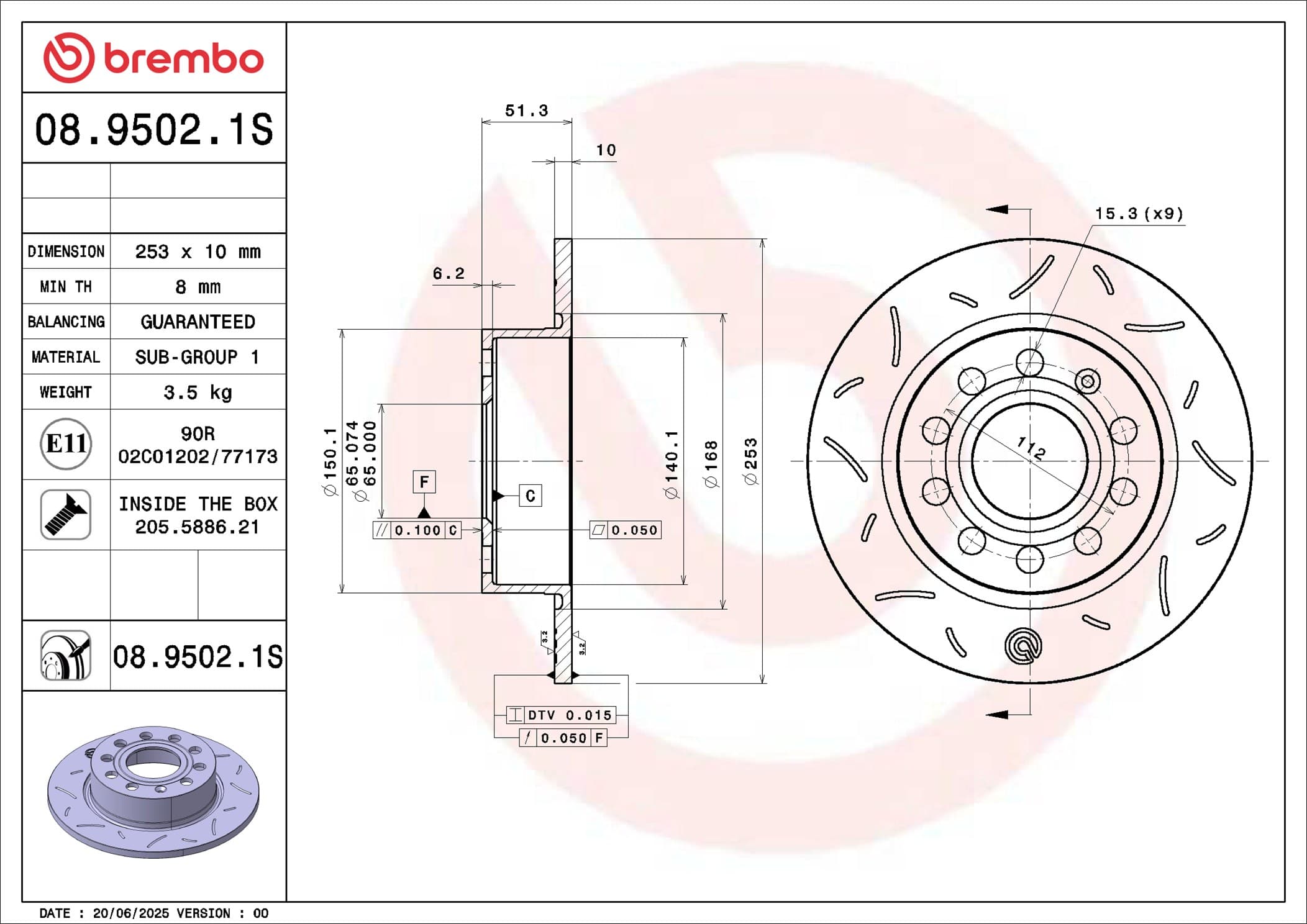 BREMBO Brzdový kotúč 08.9502.1S 1