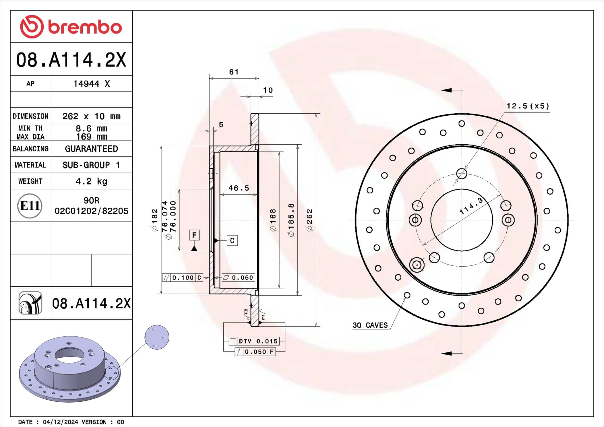 BREMBO Brzdový kotúč 08.A114.2X 1