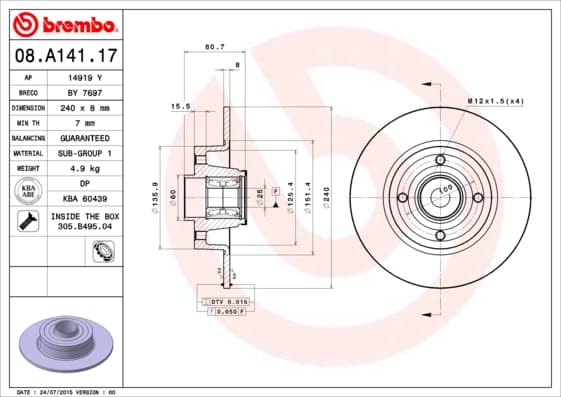 BREMBO Brzdový kotúč 08A14117 1