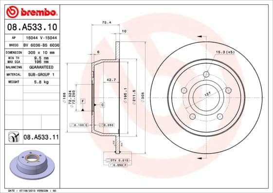 BREMBO Brzdový kotúč 08A53311 1