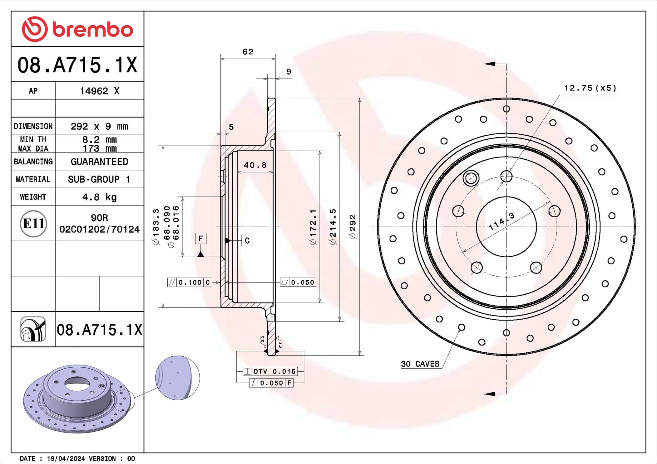 BREMBO Brzdový kotúč 08.A715.1X 1