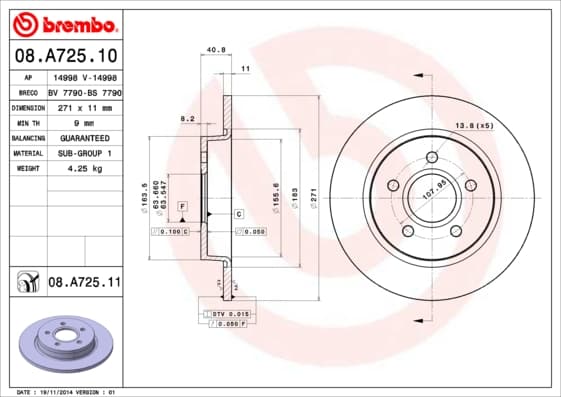 BREMBO Brzdový kotúč 08.A725.11 1