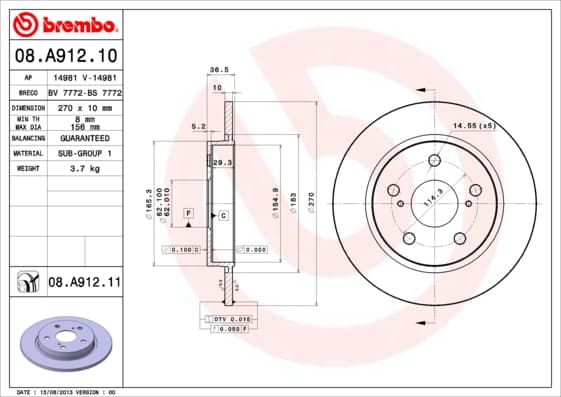 BREMBO Brzdový kotúč 08A91211 1