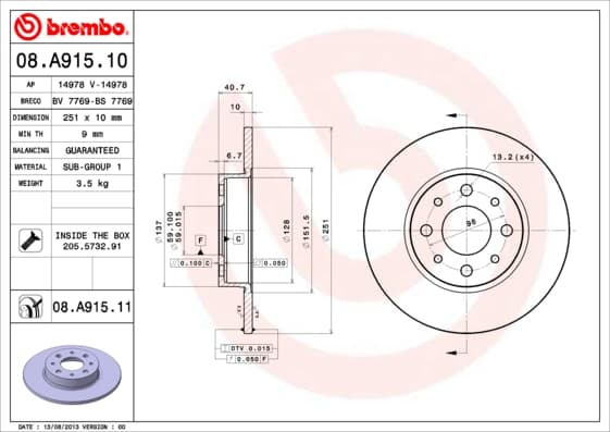 BREMBO Brzdový kotúč 08A91511 1