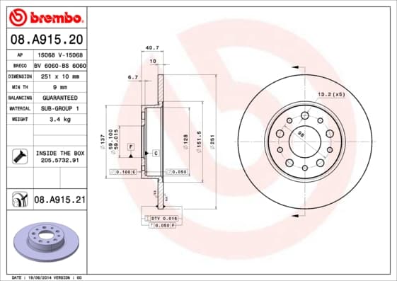 BREMBO Brzdový kotúč 08A91521 1