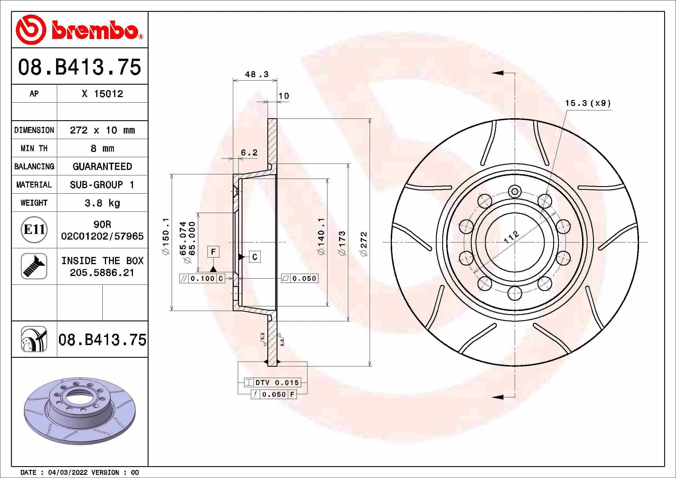 BREMBO Brzdový kotúč 08.B413.75 1