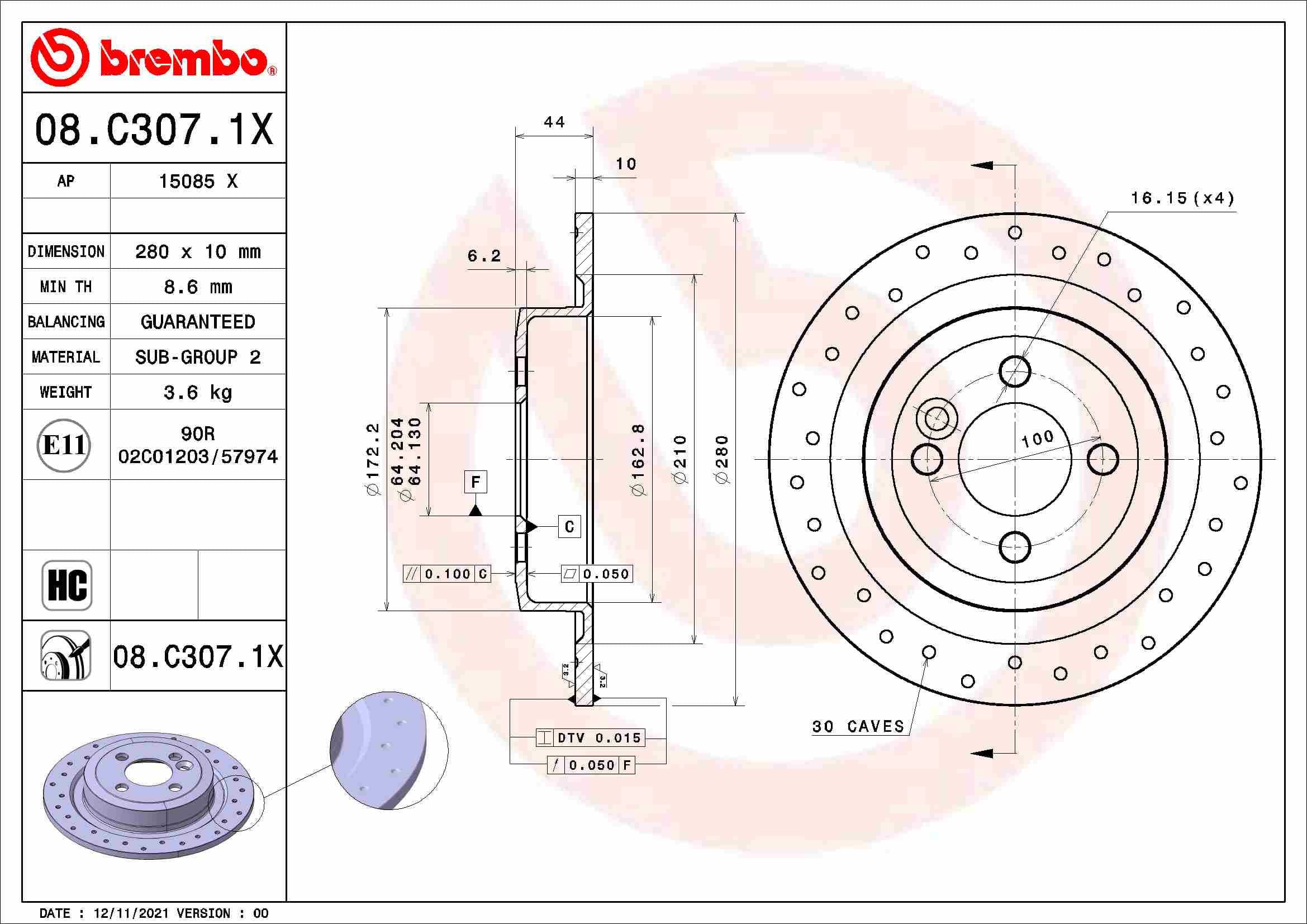 BREMBO Brzdový kotúč 08.C307.1X 1
