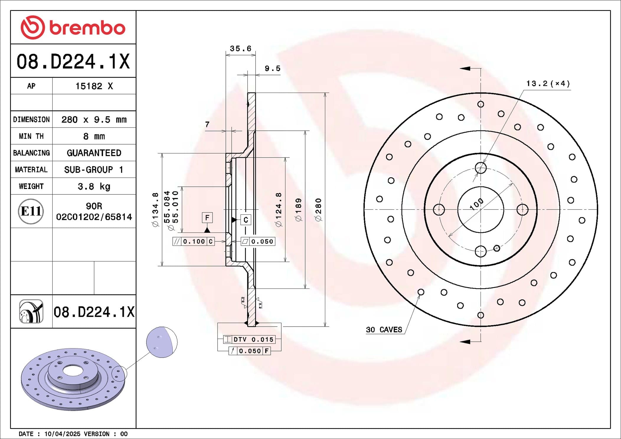 BREMBO Brzdový kotúč 08.D224.1X 1