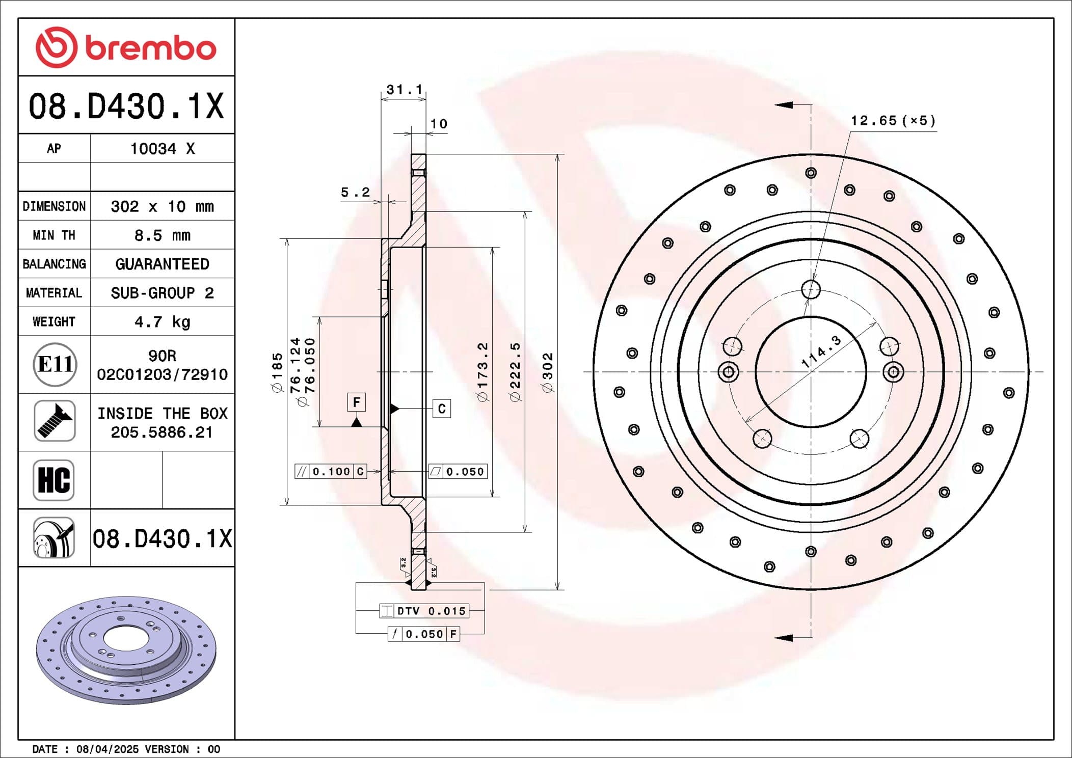 BREMBO Brzdový kotúč 08.D430.1X 1