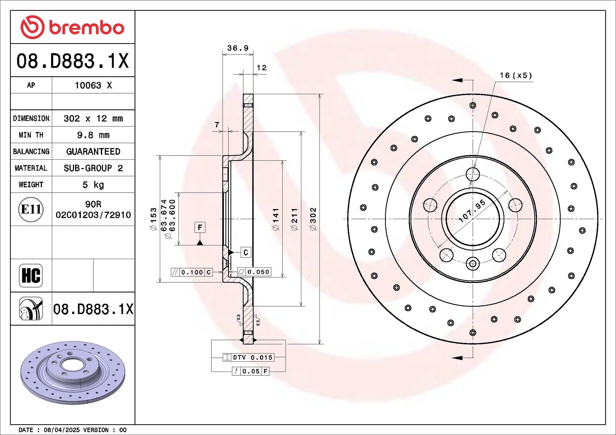 BREMBO Brzdový kotúč 08.D883.1X 1