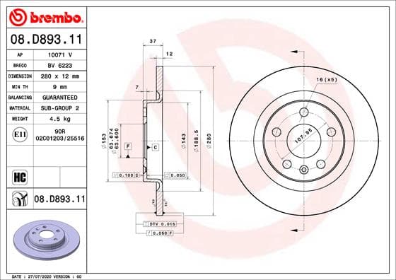 BREMBO Brzdový kotúč 08.D893.11 1