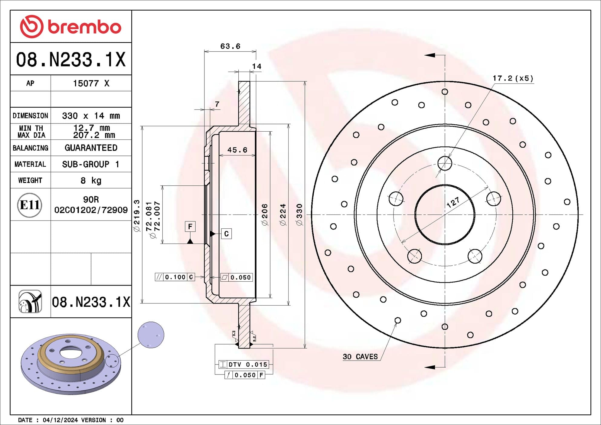 BREMBO Brzdový kotúč 08.N233.1X 1