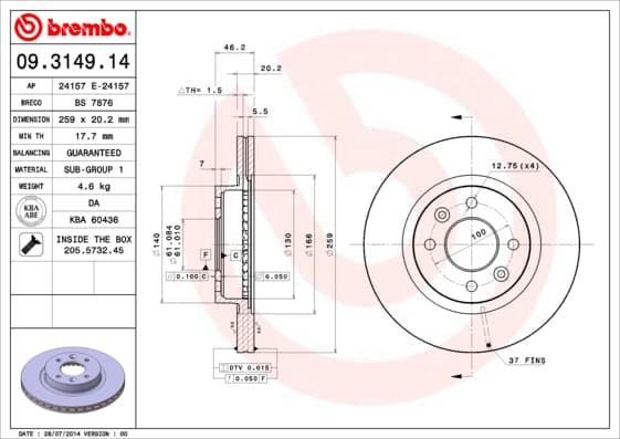 BREMBO Brzdový kotúč 09314914 1