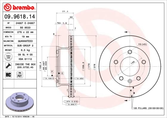 BREMBO Brzdový kotúč 09961814 1