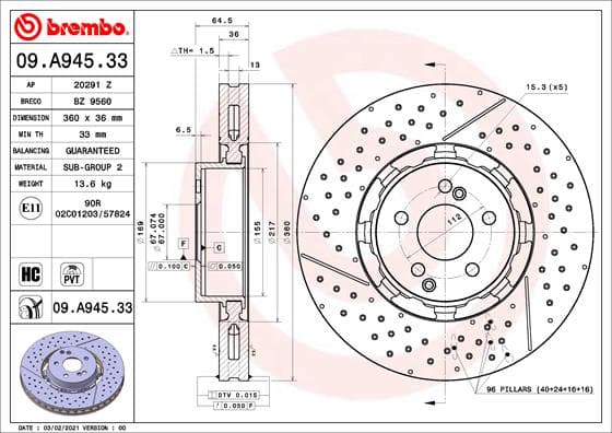 BREMBO Brzdový kotúč 09.A945.33 1