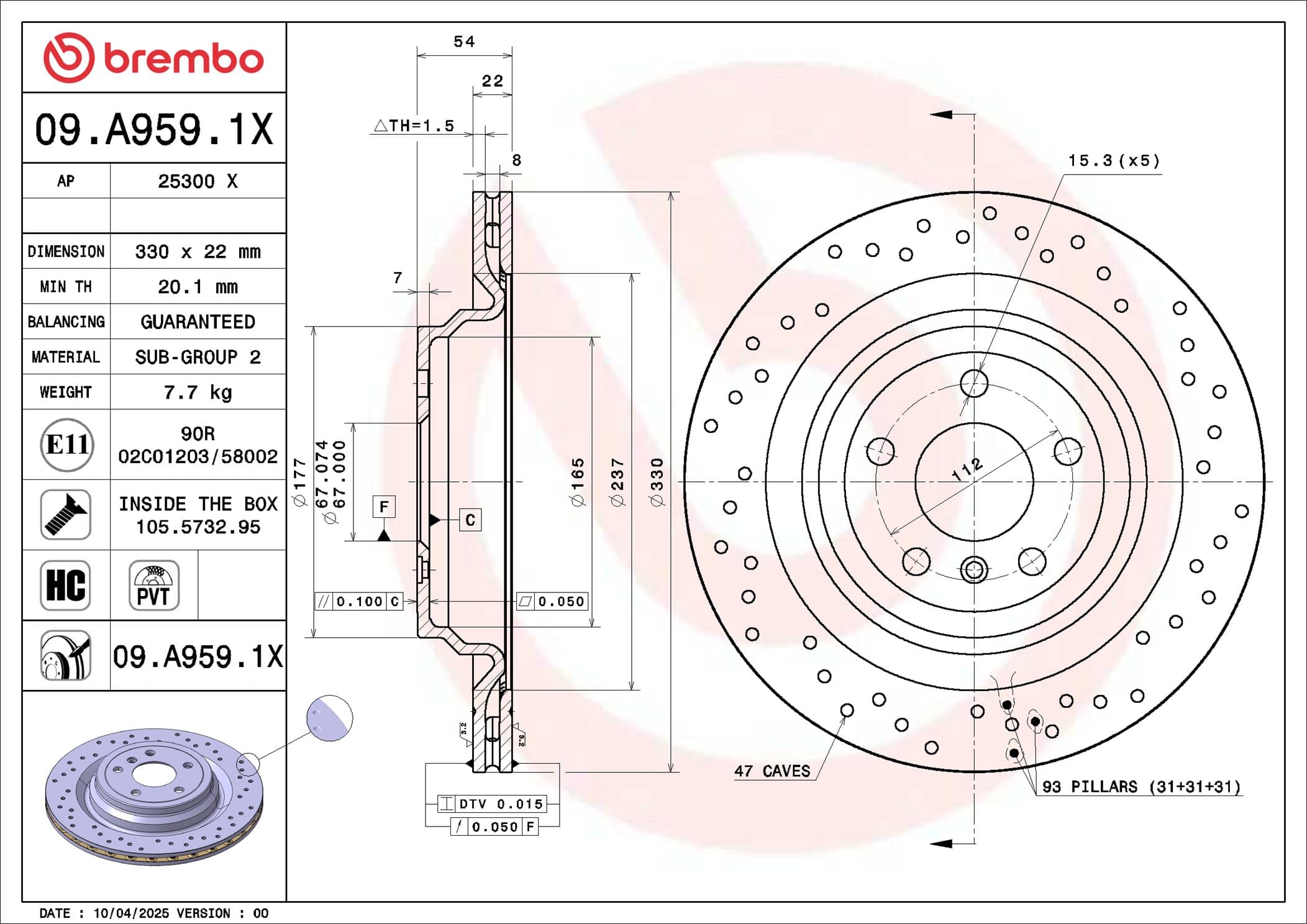 BREMBO Brzdový kotúč 09.A959.1X 1
