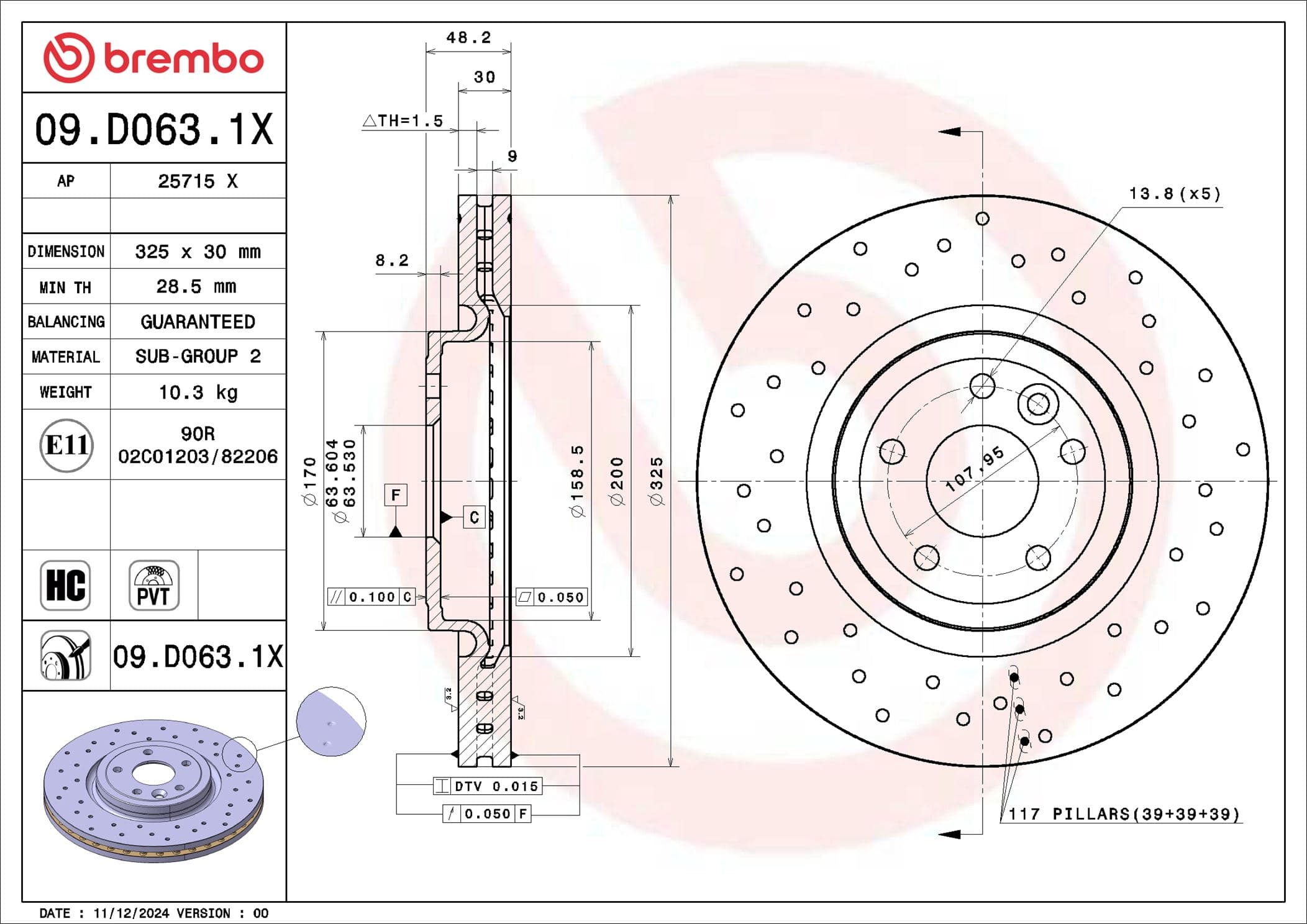 BREMBO Brzdový kotúč 09.D063.1X 1