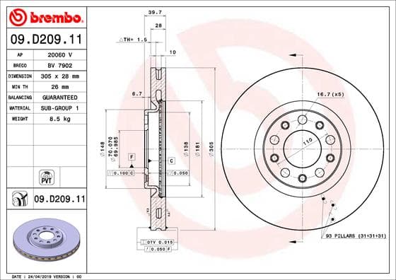 BREMBO Brzdový kotúč 09D20911 1
