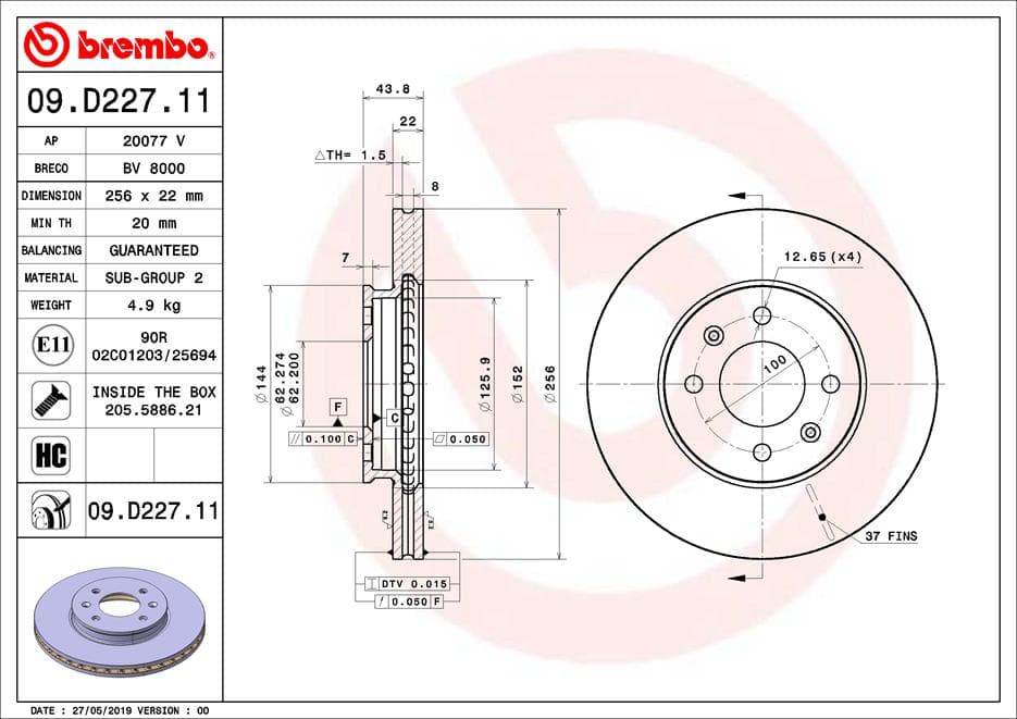 BREMBO Brzdový kotúč 09.D227.11 1