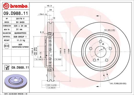 BREMBO Brzdový kotúč 09.D988.11 1