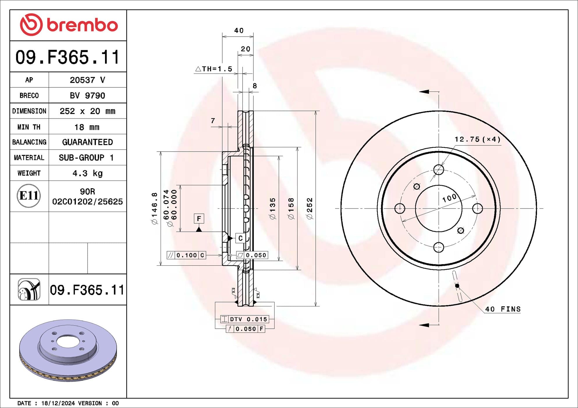 BREMBO Brzdový kotúč 09.F365.11 1