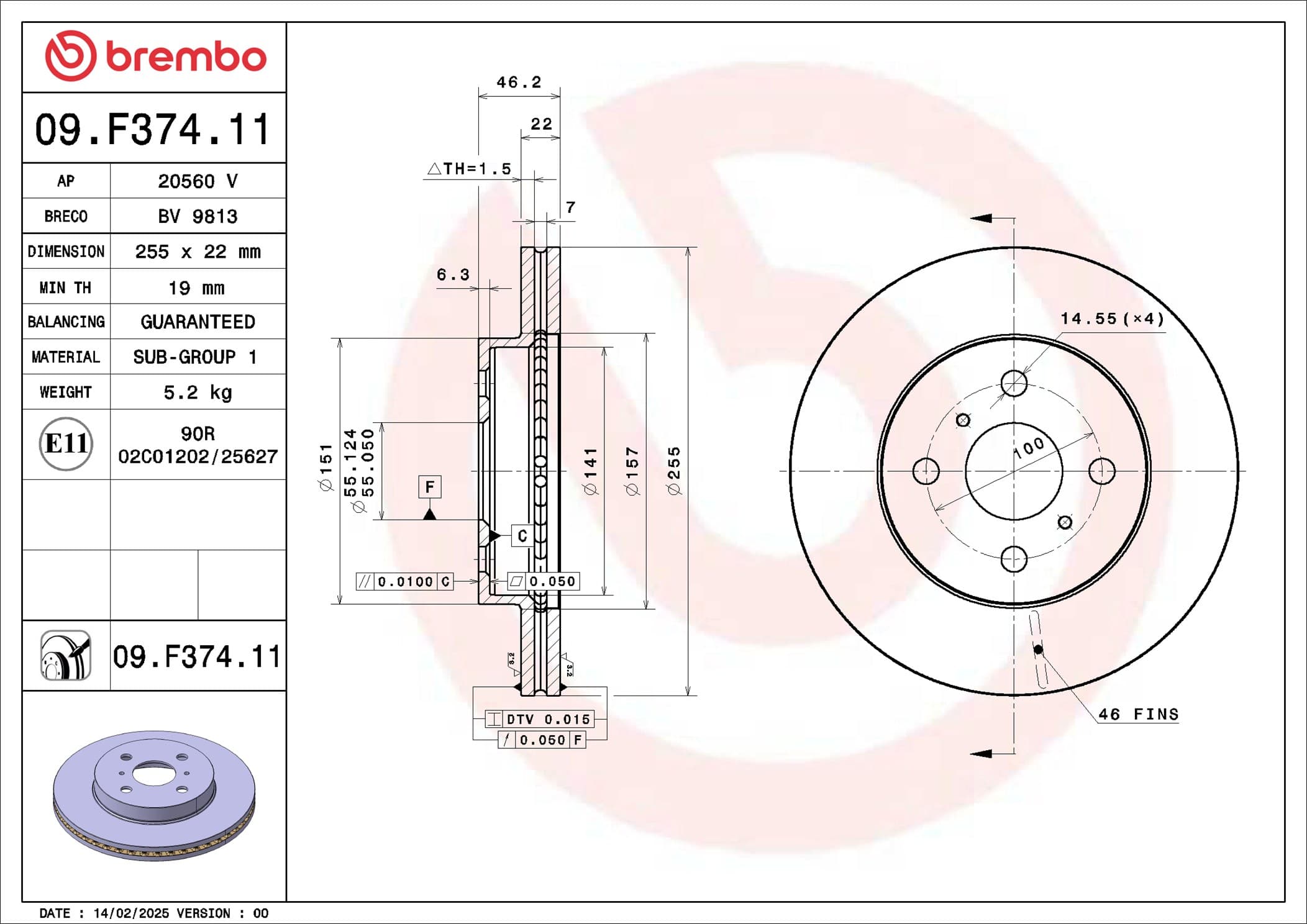 BREMBO Brzdový kotúč 09.F374.11 1