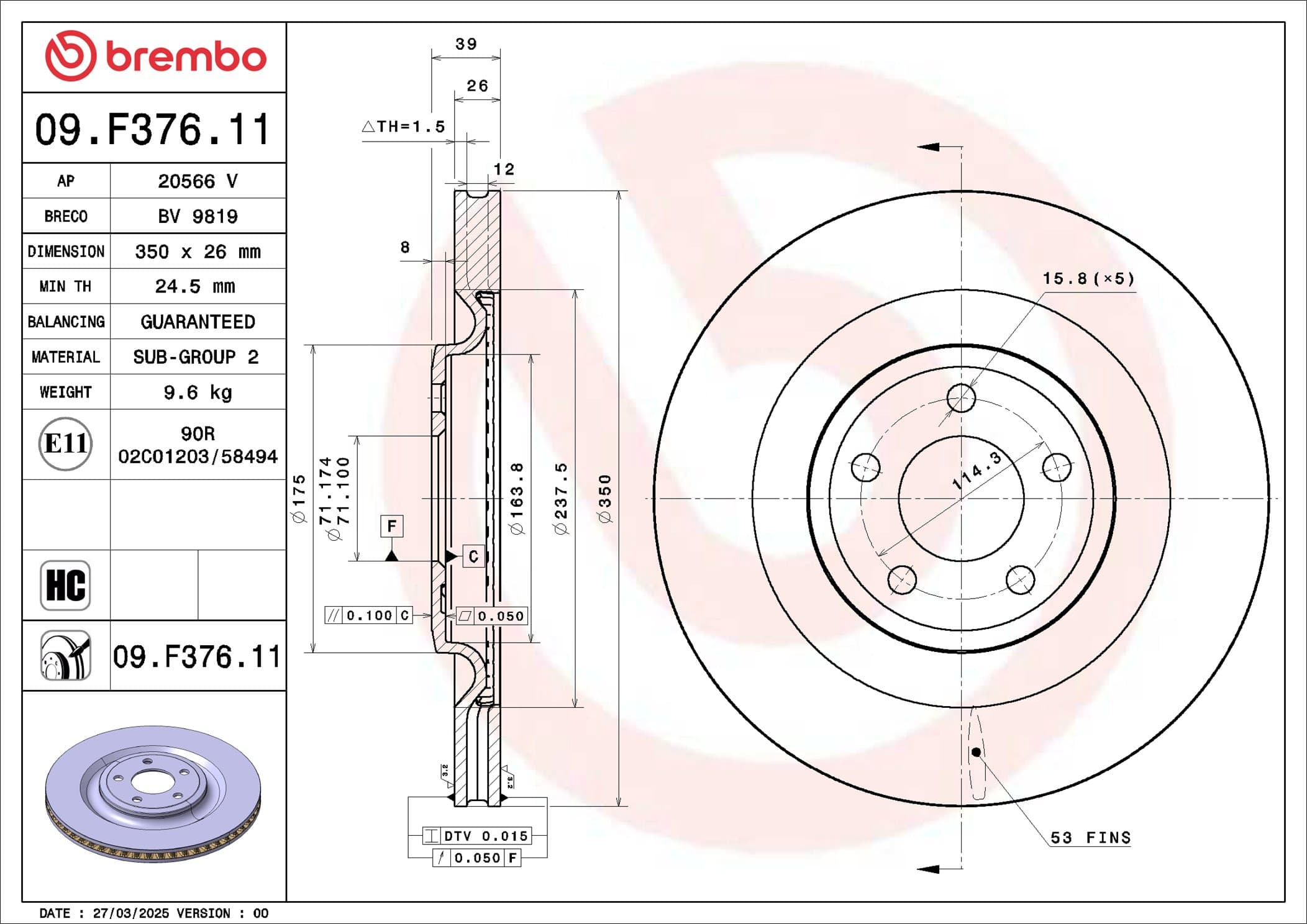 BREMBO Brzdový kotúč 09.F376.11 1
