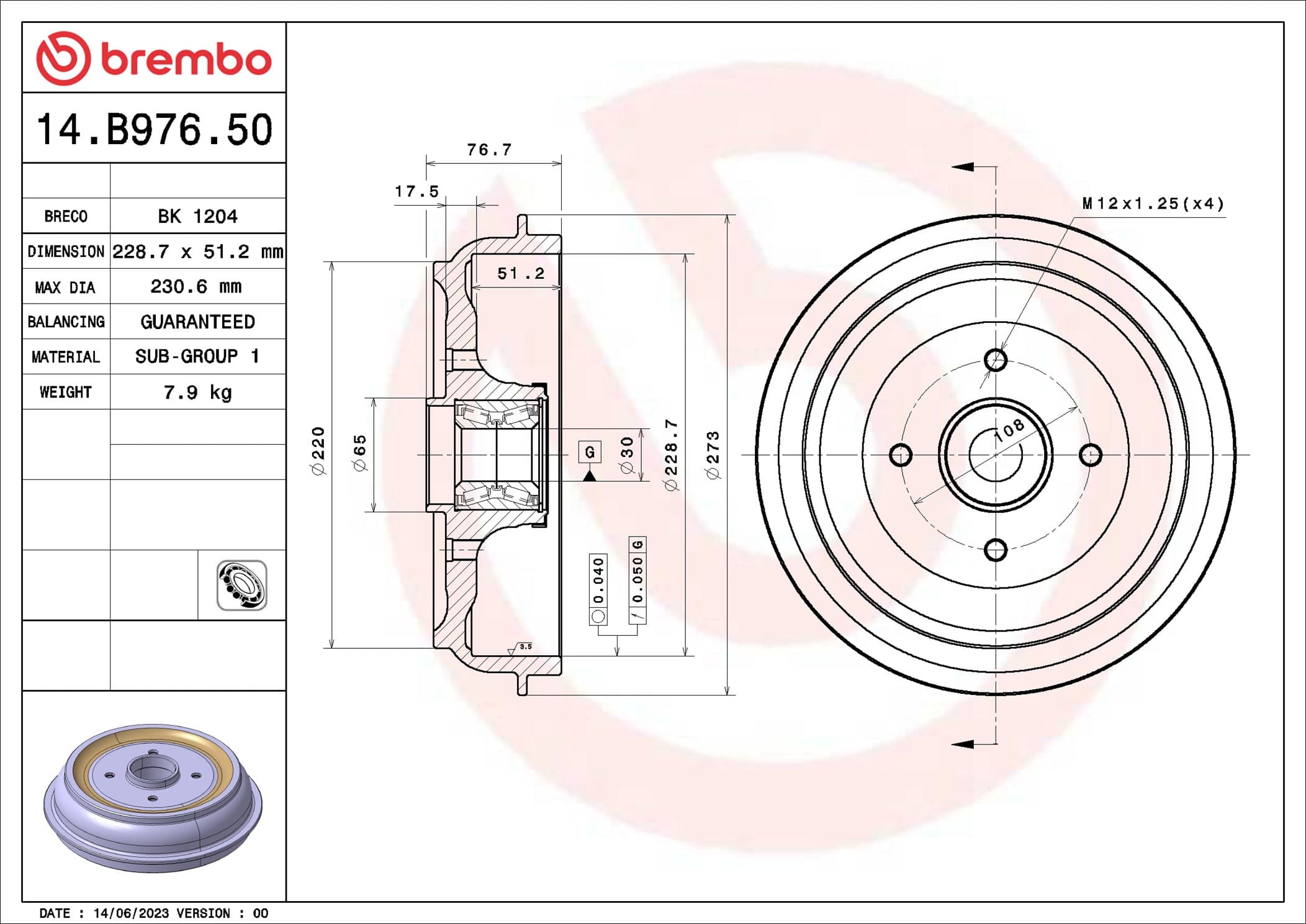 BREMBO Brzdový bubon 14B97650 1