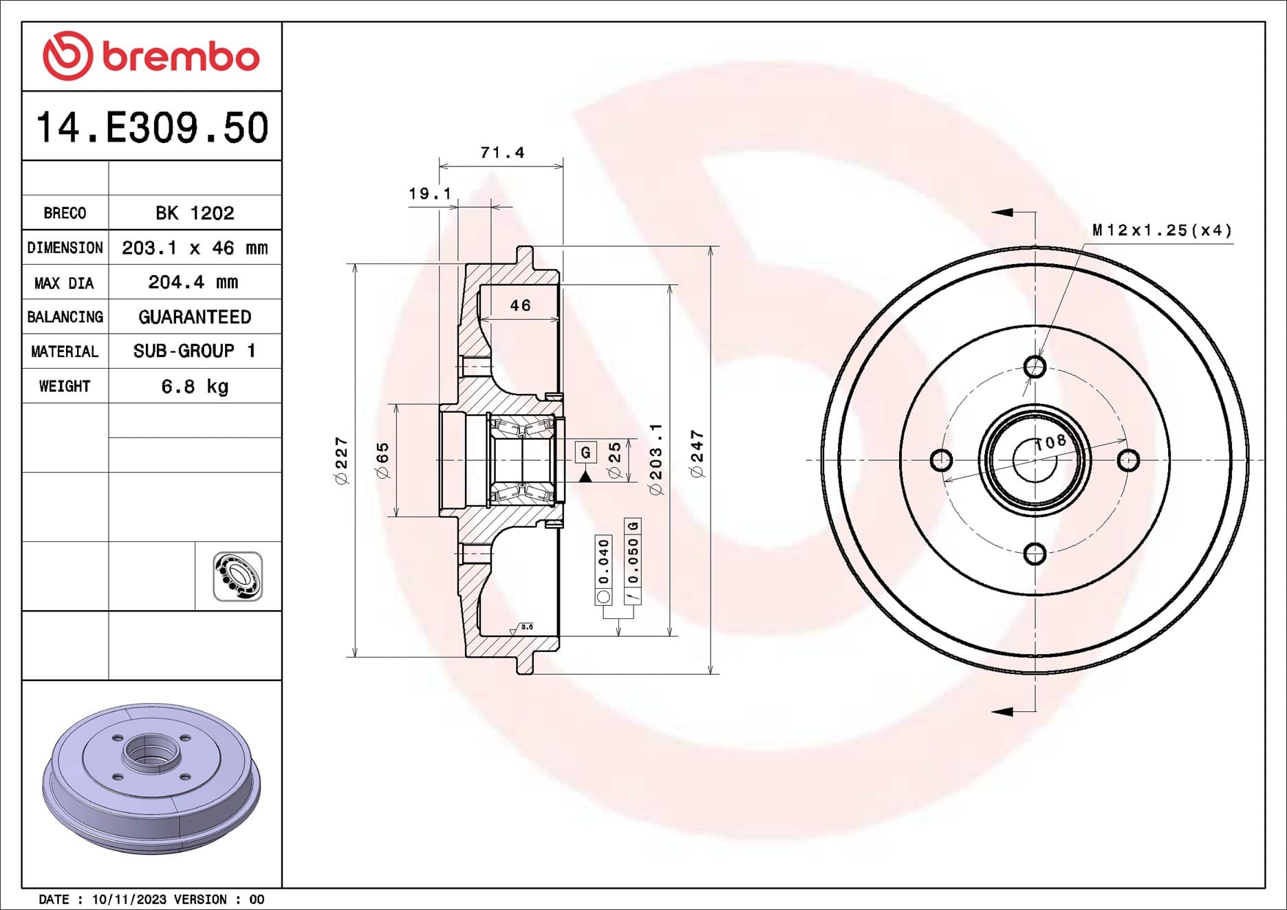 BREMBO Brzdový bubon 14.E309.50 1