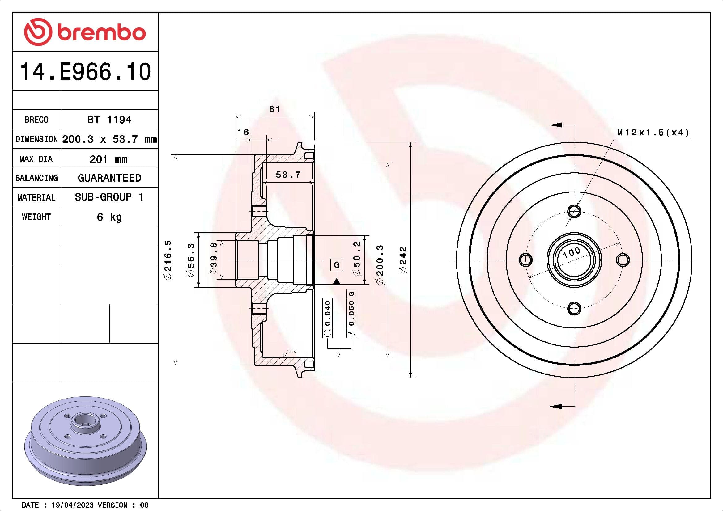 BREMBO Brzdový bubon 14E96610 1