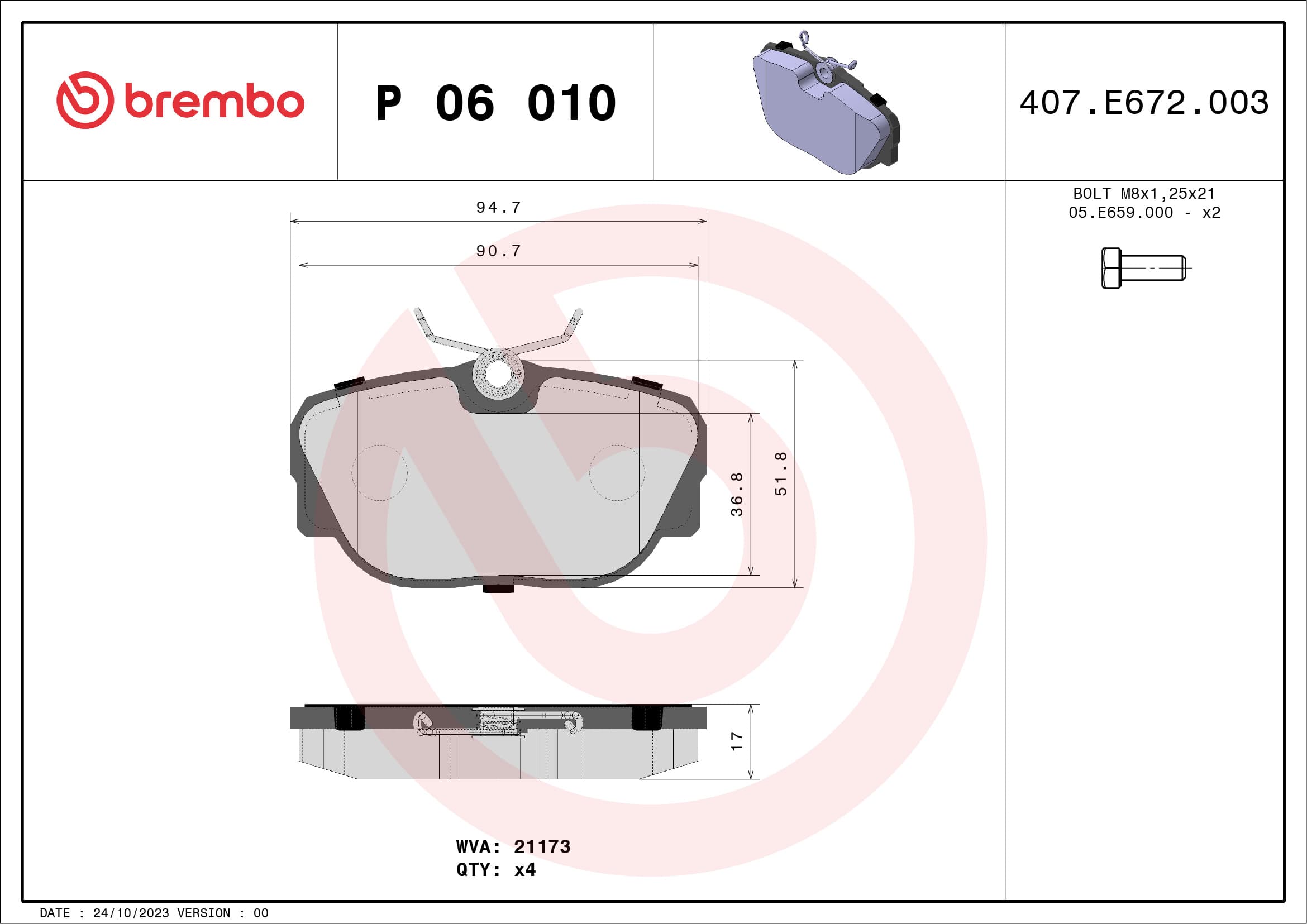 BREMBO Sada brzdových platničiek kotúčovej brzdy P06010 1